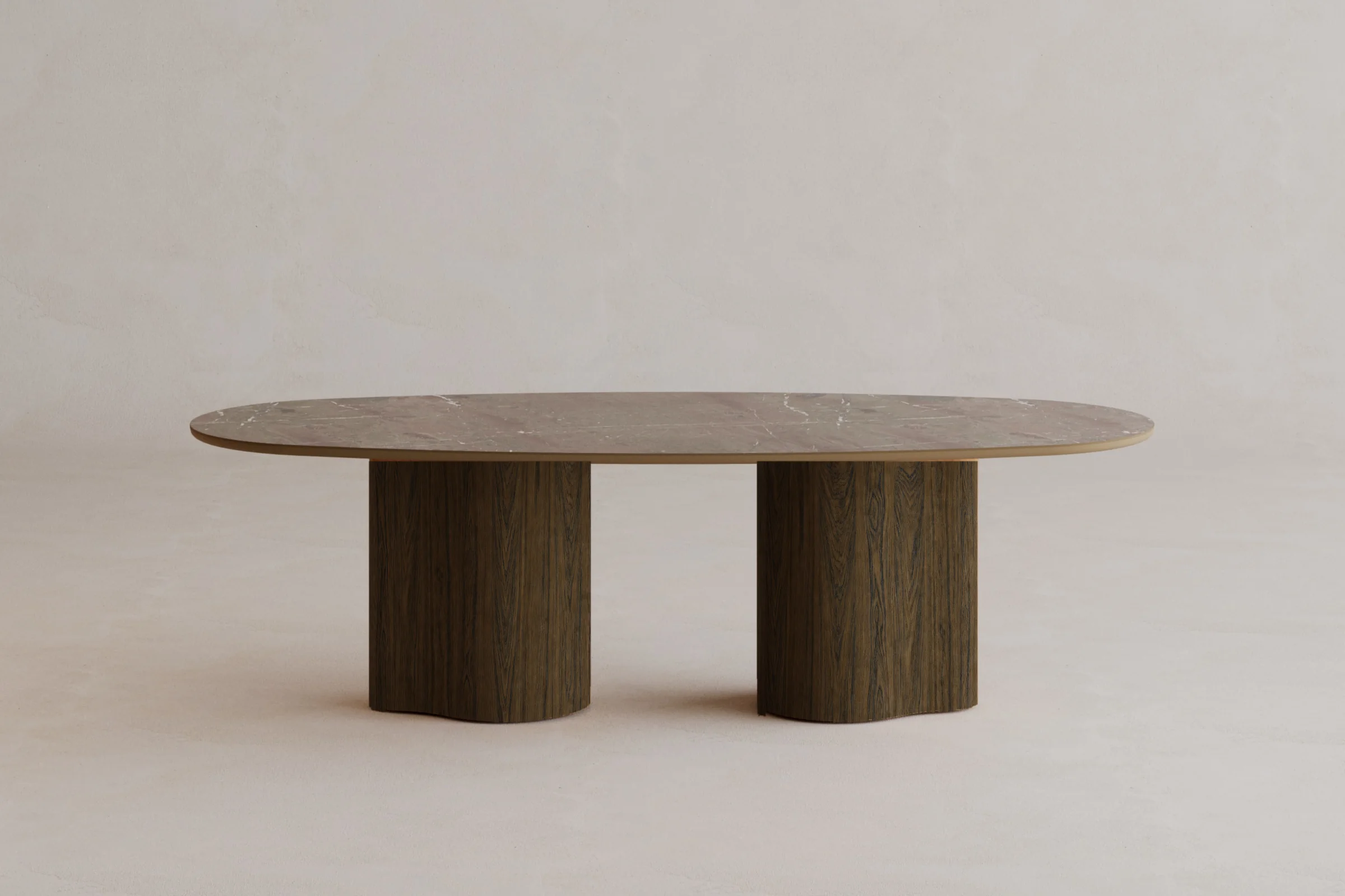 Stół Porto z ofery Vena Design z kolekcji Organica z fornirwanymi nogami o kolorze espresso i spiekowym blatem Marble Brun.