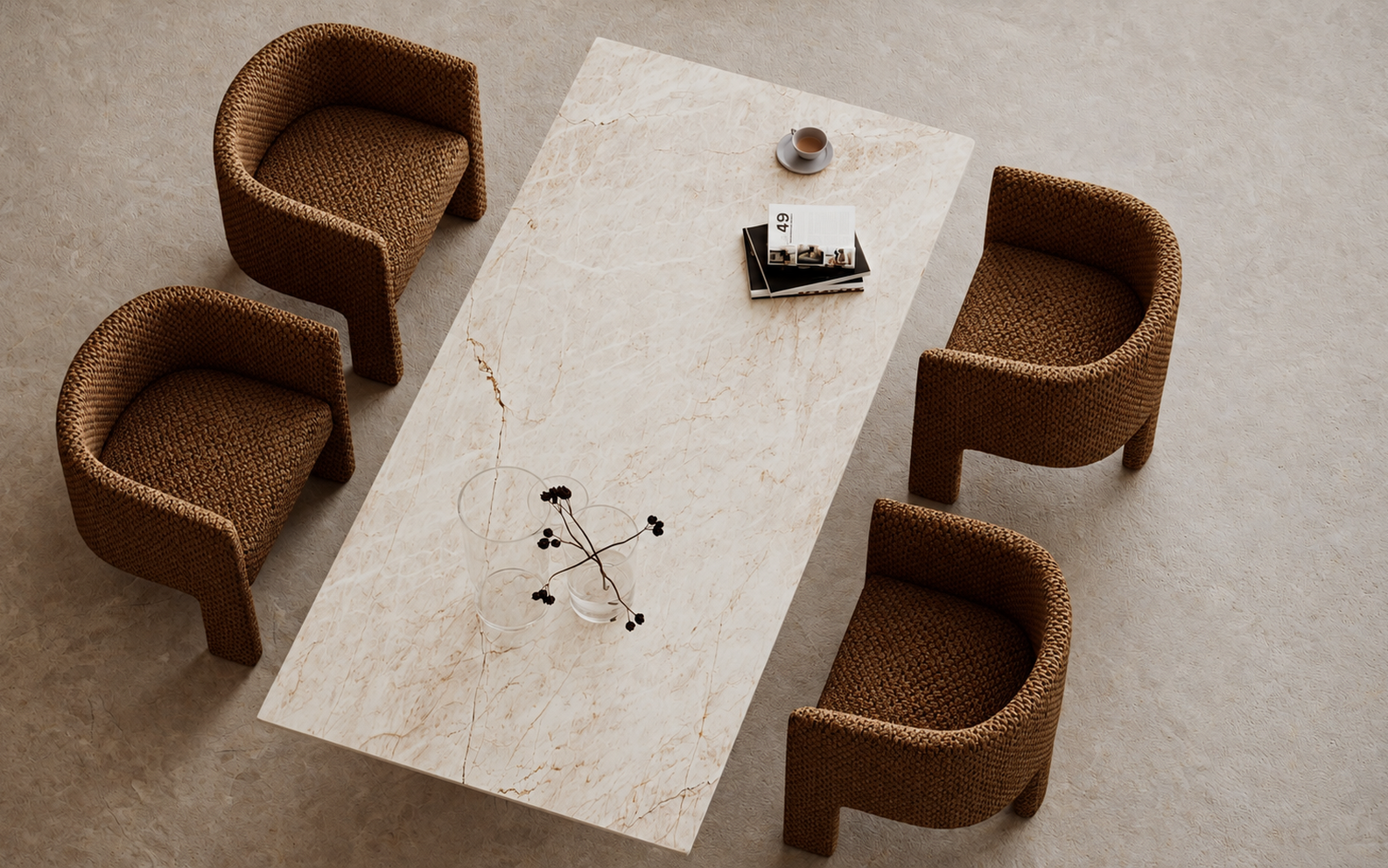 Prostokątny blat stołu ze spieku kwarcowego Marble Mahal – widok z góry z czterema fotelami, Vena Design.