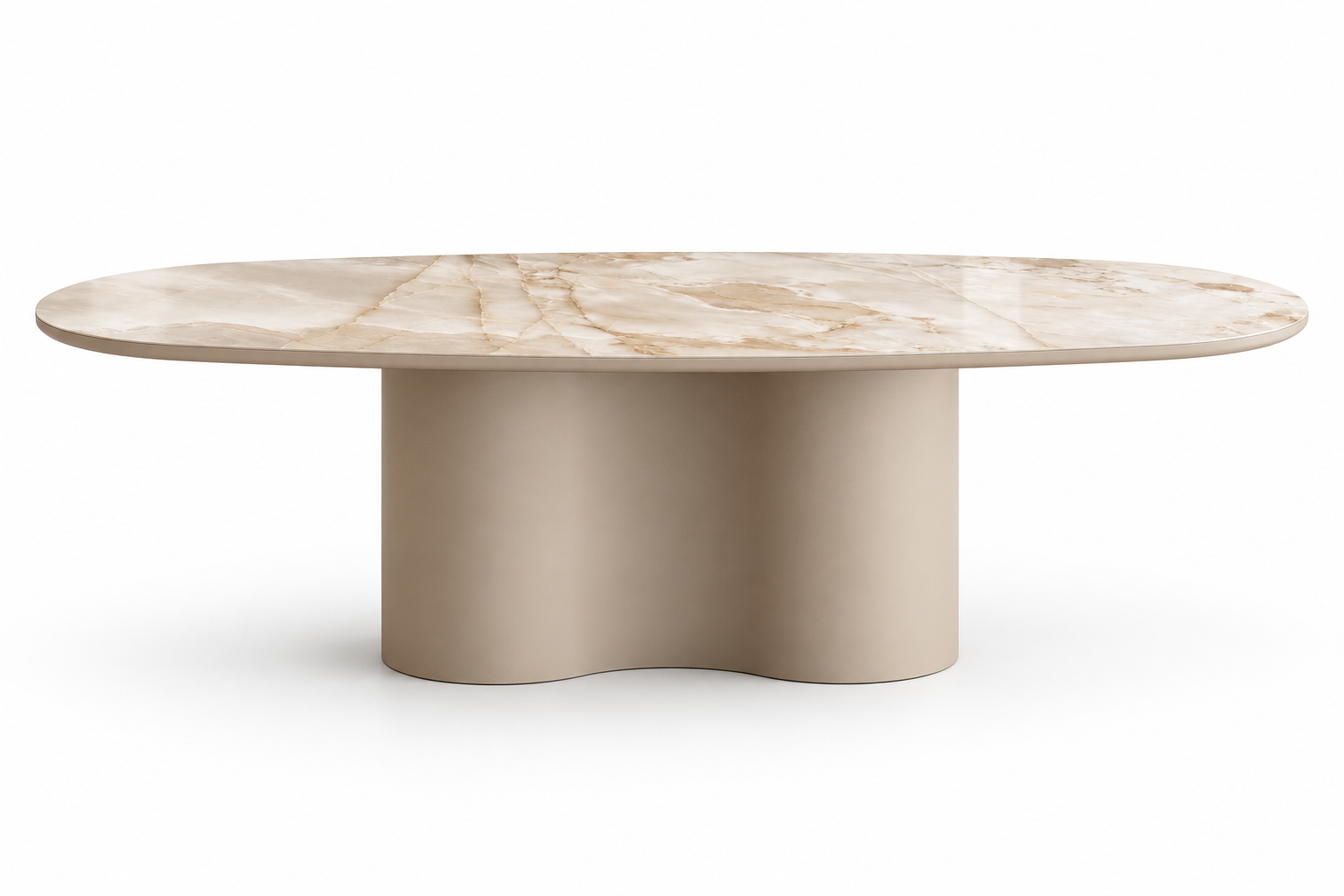 Stół Fortuna z kolekcji Glam Vena Design: owalny blat ze spieku kwarcowego Reve Noisette poler na centralnej, falistej podstawie ze stali malowanej proszkowo w kolorze Taupe, ujęcie z przodu na białym tle.