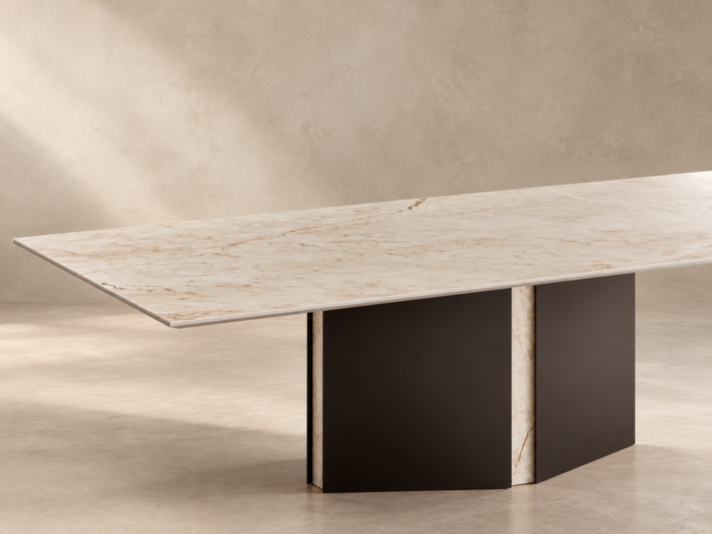 Kolekcja Loft Vena Design — stół ze spieku kwarcowego na geometrycznej podstawie z metalu